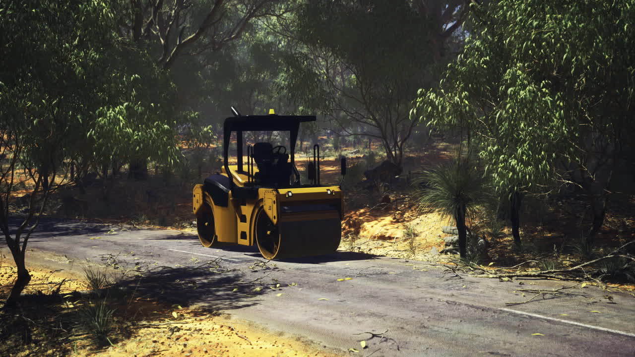Heavy machinery performs road construction in a serene forest setting