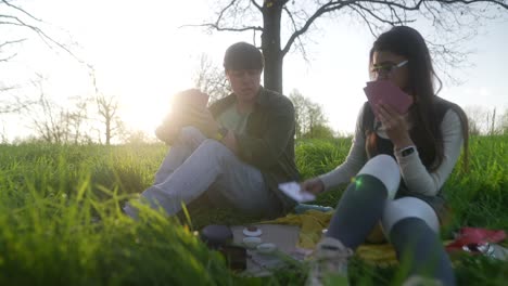 couple playing cards in the park at sunset