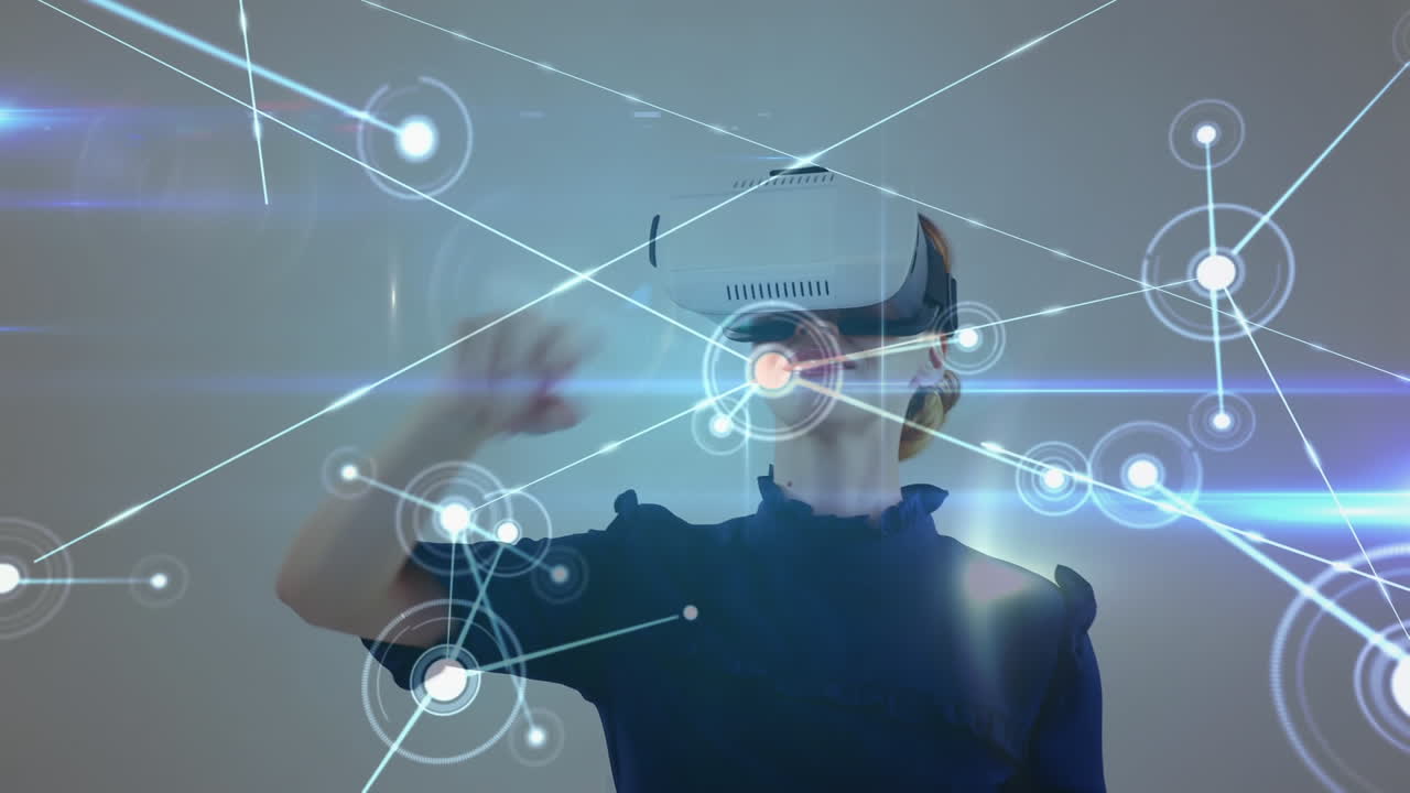 Glowing network of connections over woman wearing vr headset against grey background