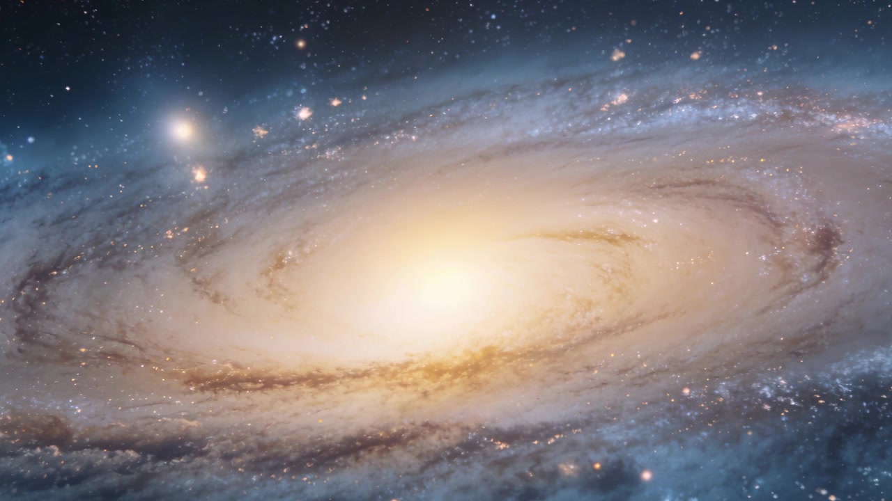 Pyörivä spiraaligalaksi toiston aikana, liikkuvat haarat, näyttäen keskuskohouman ja kaksi satelliittia avaruudessa.
