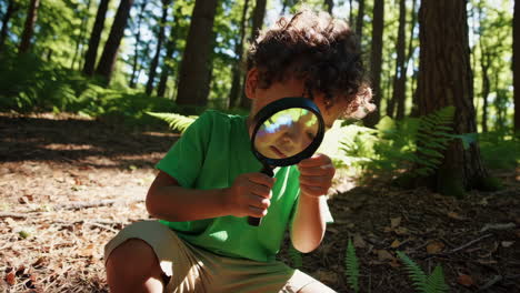 young boy exploring nature with a magnifying glass in the forest