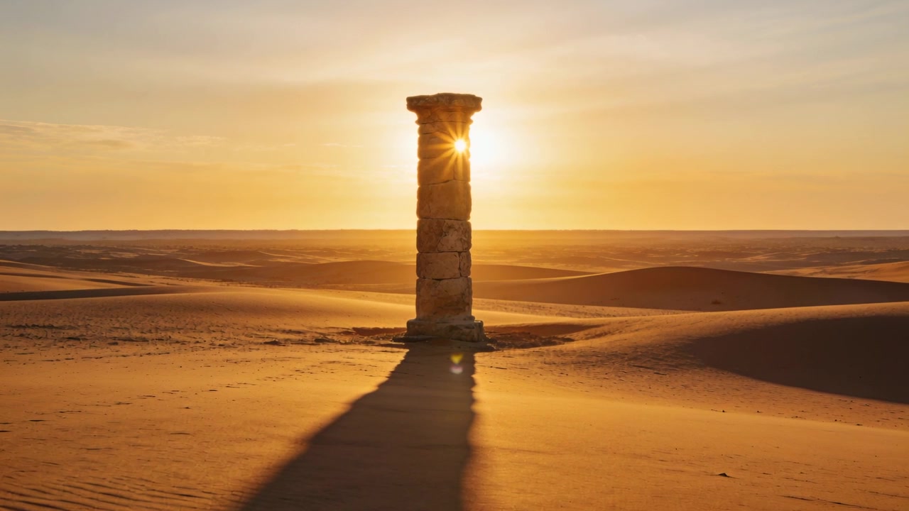Shifting sun behind freestanding stone column producing halo then sunstar over rippled desert dunes