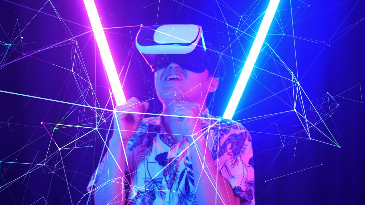 Vr, Futuristic, Entertainment Concept. Excited Asian Man Using Virtual Reality Headset And Feel Scary With Neon Light At The Background
