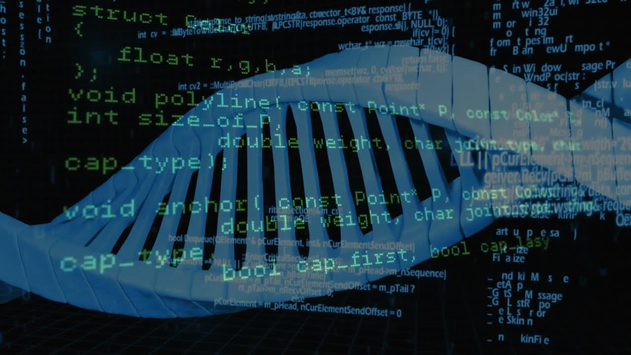 At start 3D blue DNA helix rotating, code shifting through defs for visualizing tech data aesthetic