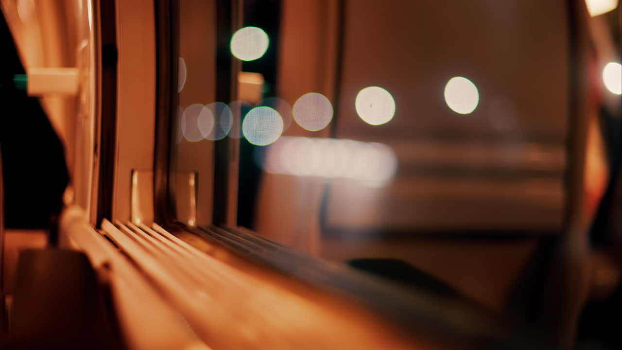 Close up of the window of a moving train with a blurry view