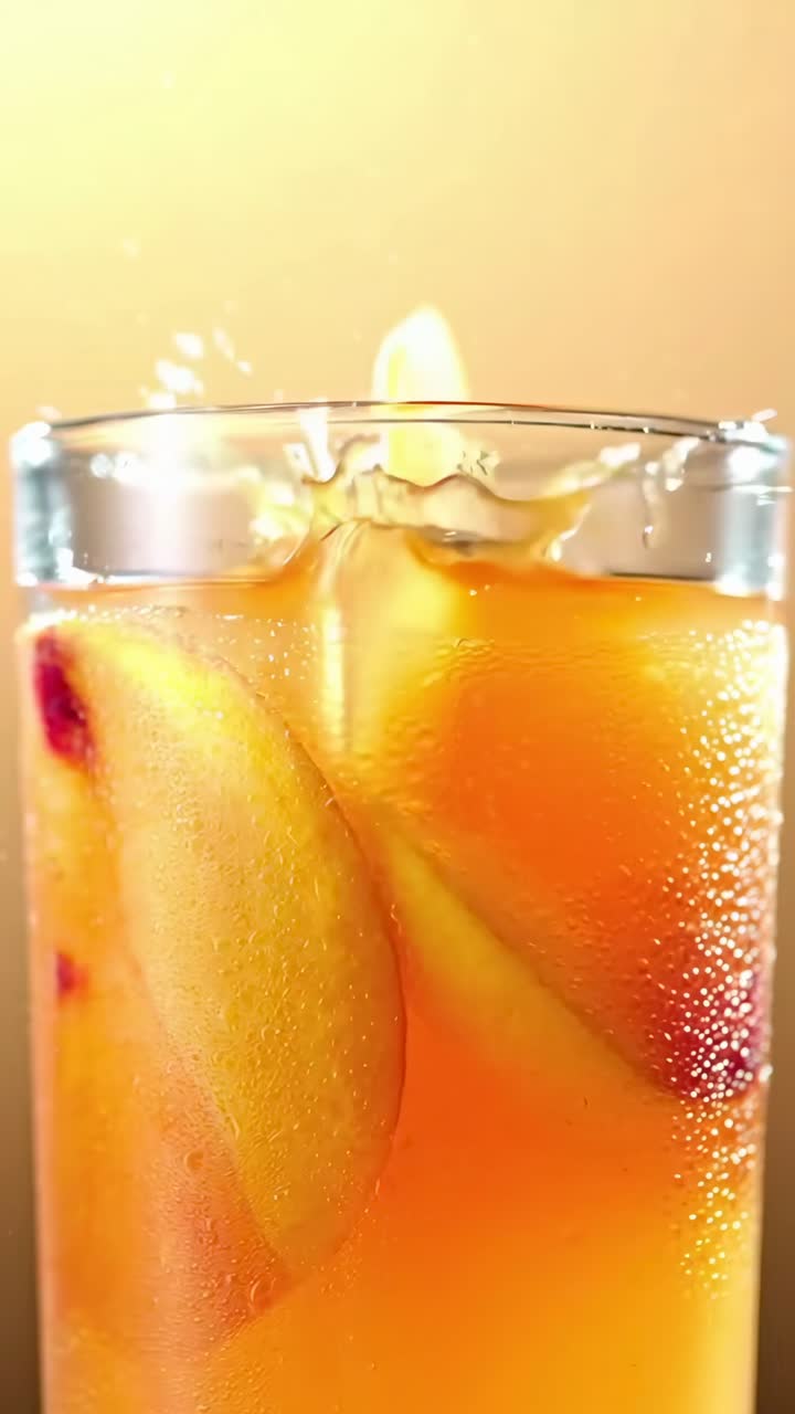 Video ravvicinato di uno schizzo rinfrescante di tè freddo, catturato da un'angolazione dal basso su uno sfondo caldo.