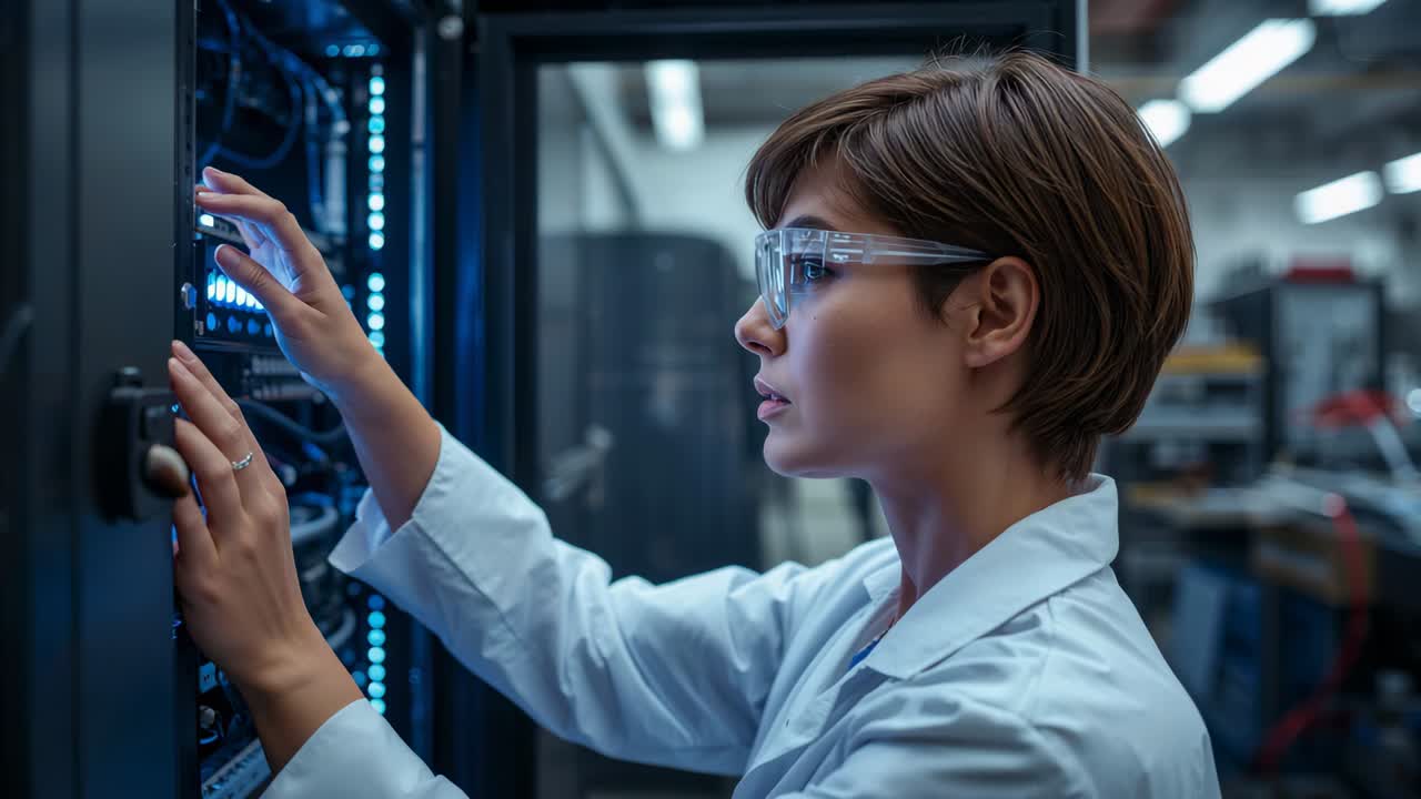 Noticing blue LEDs, technician adjusting server drives at datacenter wearing white coat goggles