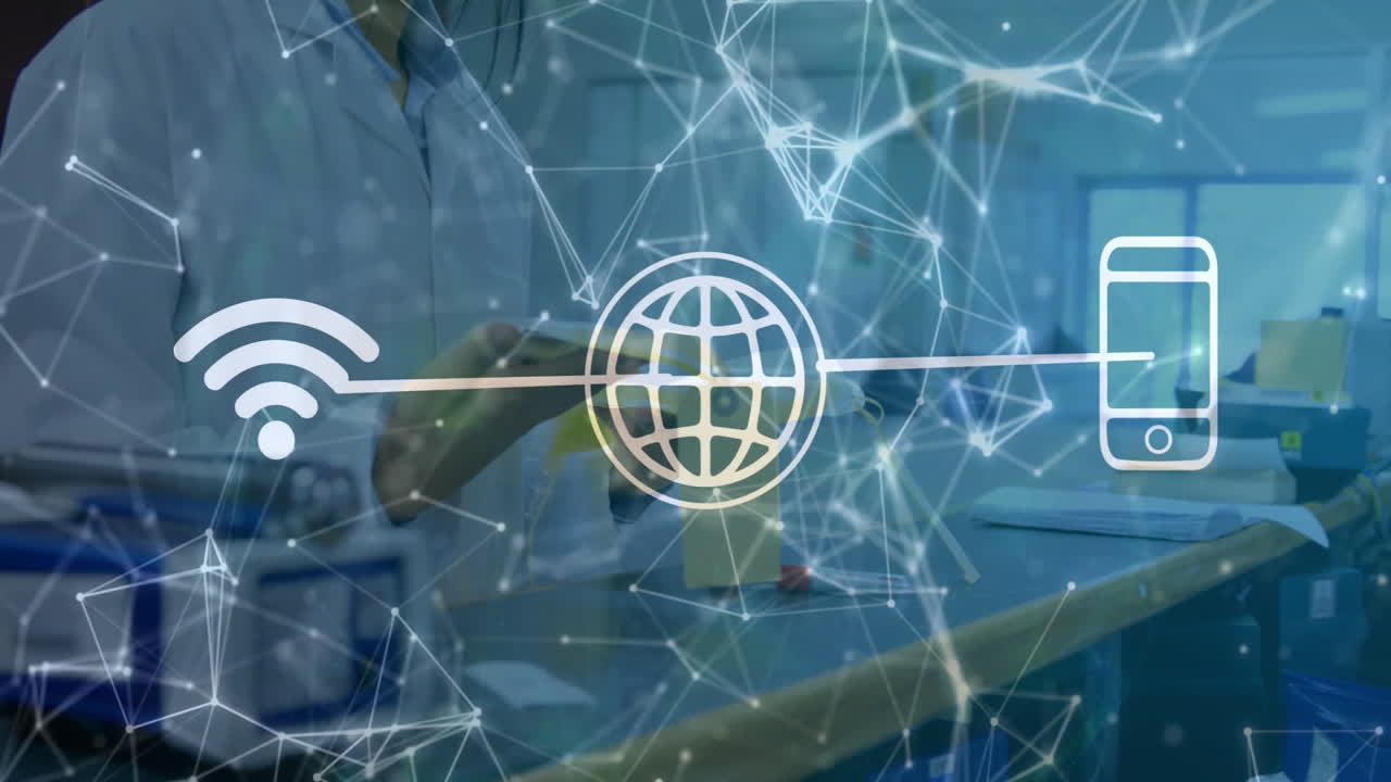 Using tablet in office, person viewing network connectivity symbols and animation