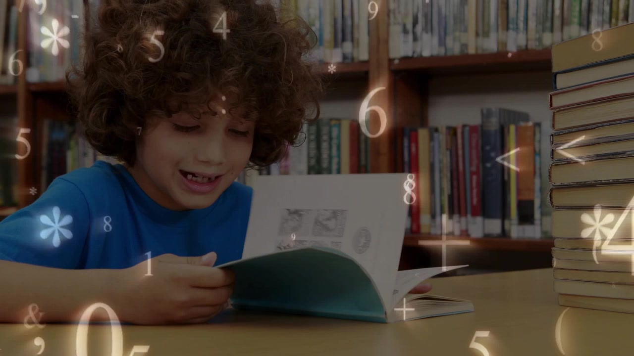 Student reading book in library and initiating animated math symbols swirling for learning