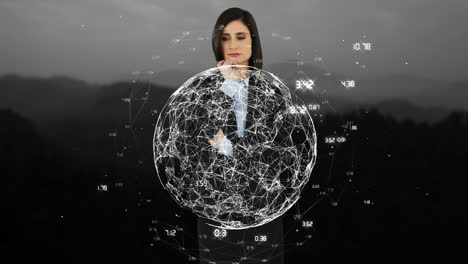 mujer de negocios tocando la pantalla con el globo