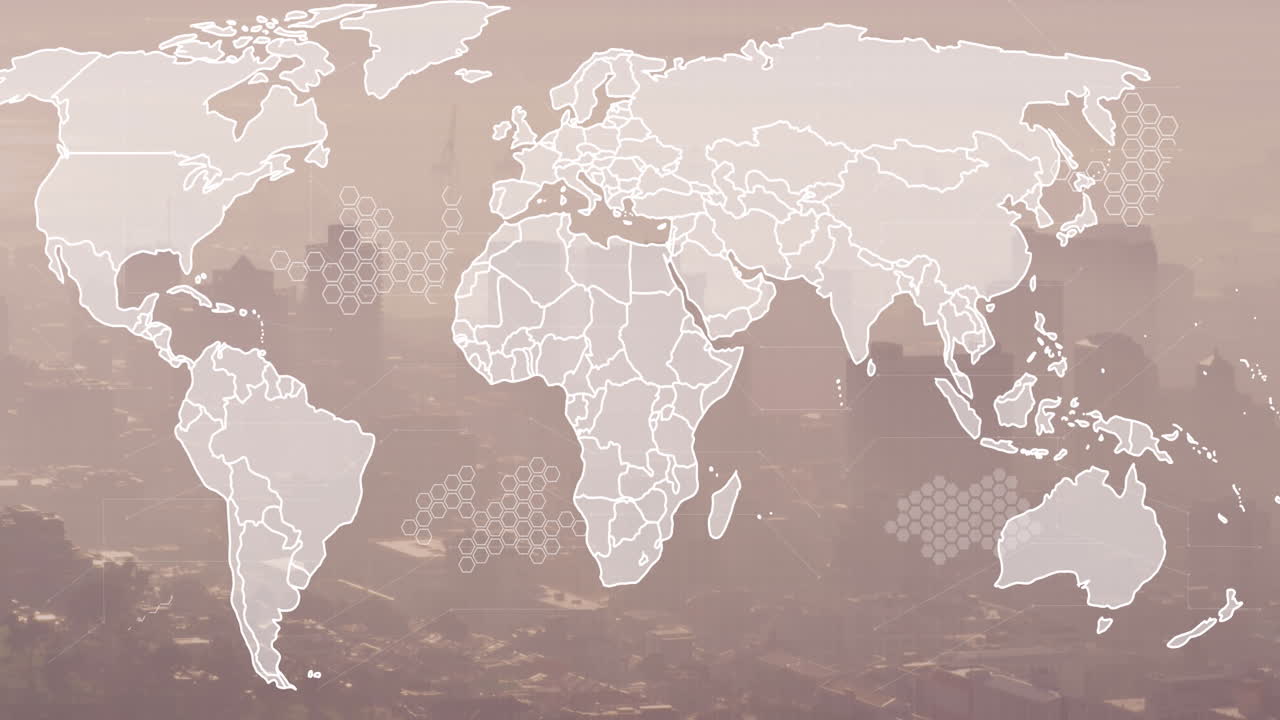 animación del mapa del mundo y procesamiento de datos financieros sobre el paisaje urbano