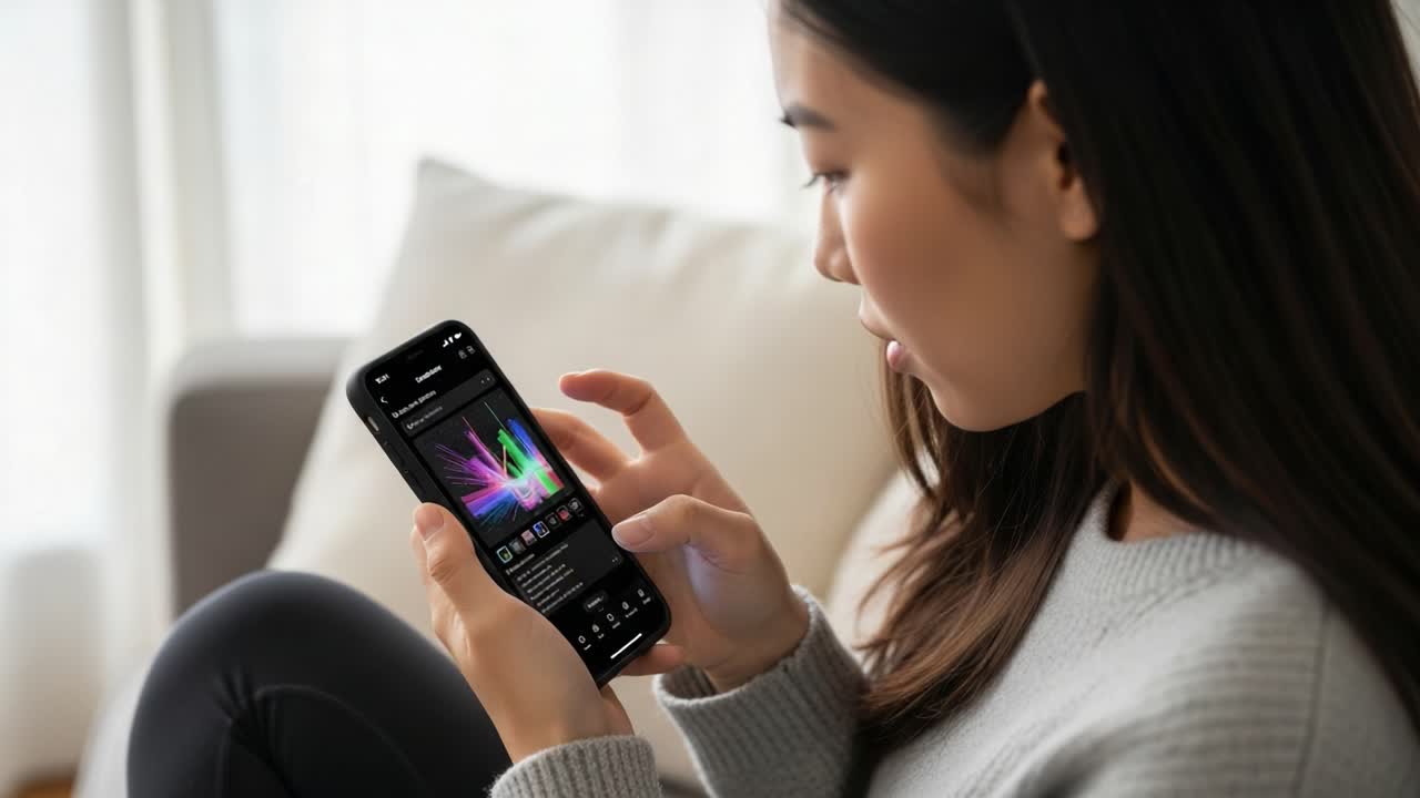Engaged in Digital Interaction: A Young Woman Seamlessly Navigates Her Smartphone, Exploring Colorful Visuals and Interactive Content in a Cozy Setting