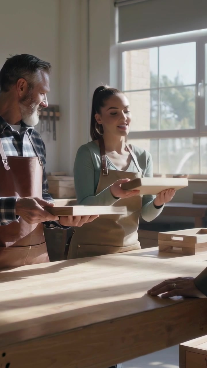 Vertical video: Offering pair in leather aprons sliding panels at bench with hand resting for OK