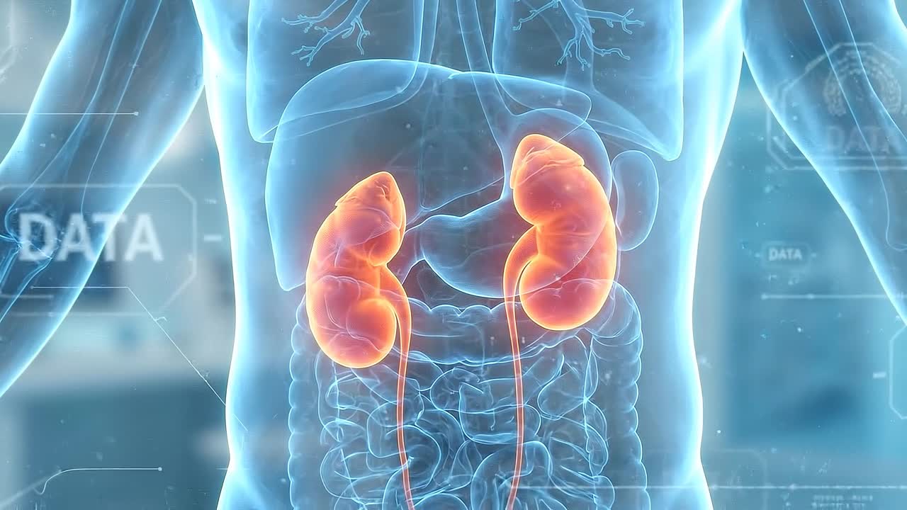 人間の胴体内の胃と腸を強調する、青く光る消化器系の医療インターフェースの背景。