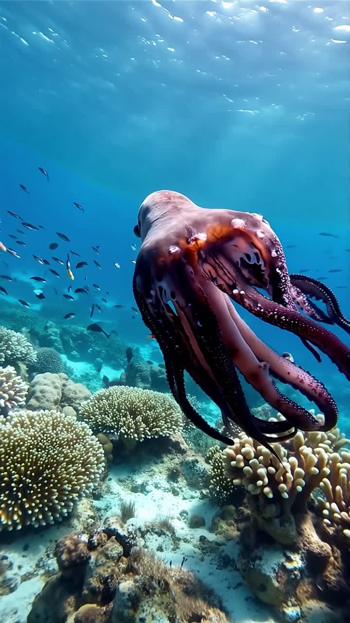 pulpo en un arrecife de coral bajo el agua