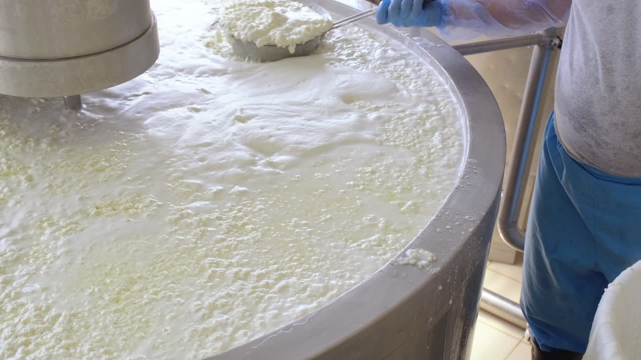 Milk pouring into the boiler at the cheese production plant