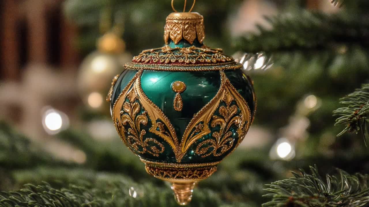 Un bellissimo ornamento natalizio verde e oro finemente realizzato decora un albero festoso, mettendo in mostra design intricati e spirito natalizio