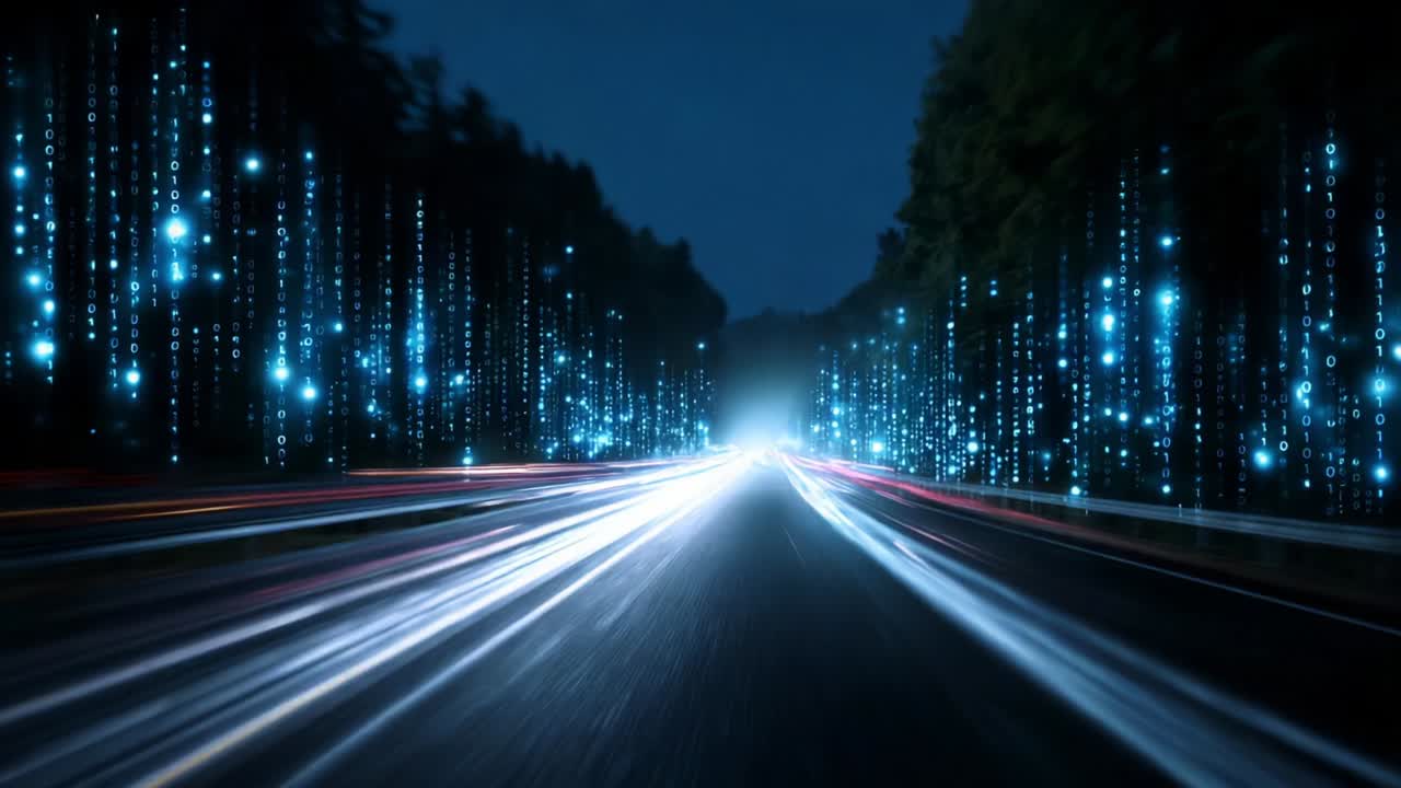A mesmerizing journey through a digitally enhanced night road, where glowing binary code cascades like a waterfall, embodying the intersection of technology and the natural world, creating a futuristic experience