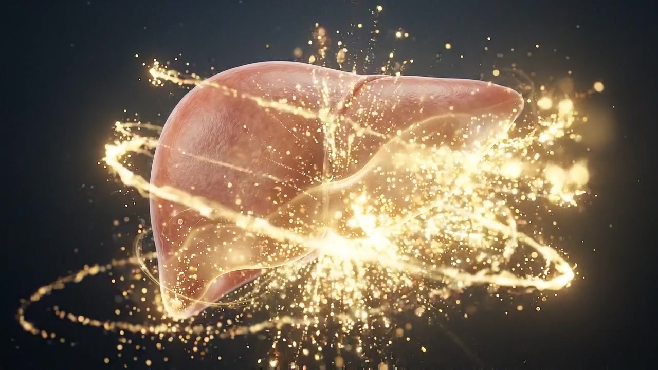 Fegato isolato e luminoso circondato da particelle molecolari dorate in prospettiva medica.