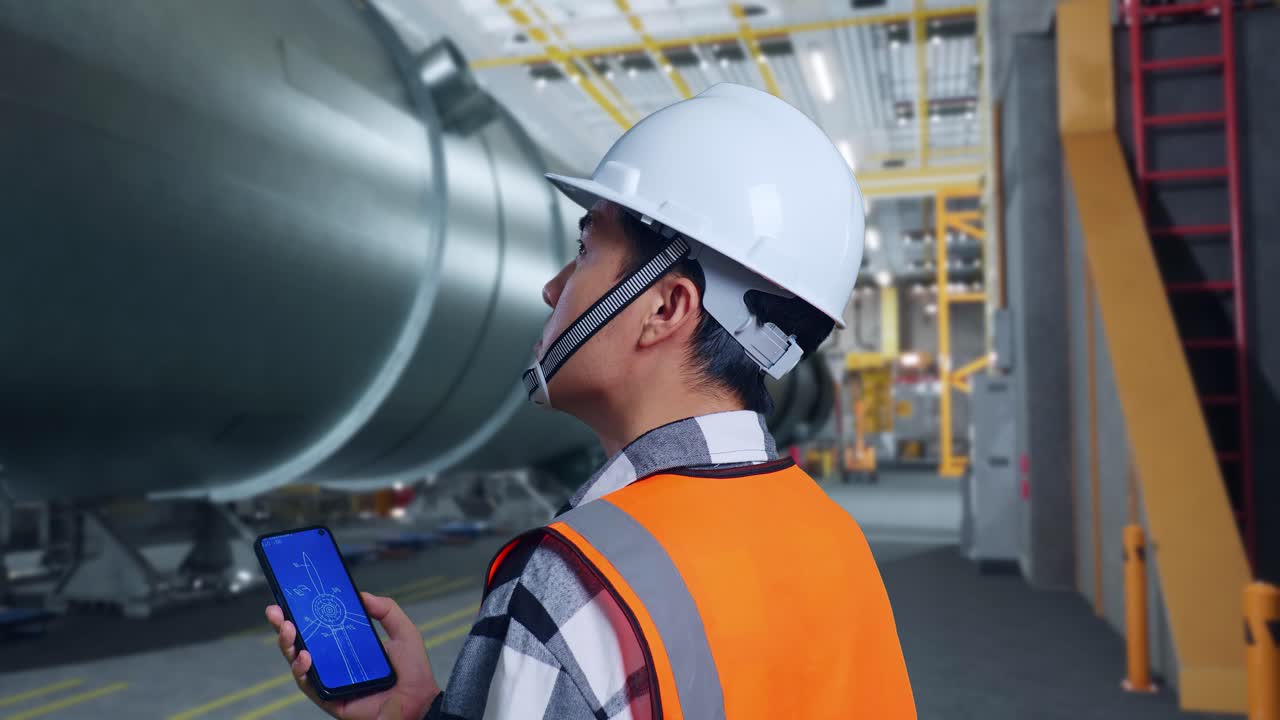 Vista traseira em close-up de engenheiro asiático com capacete de segurança trabalhando em smartphone com planta de turbina eólica em fábrica de produção de tubos.