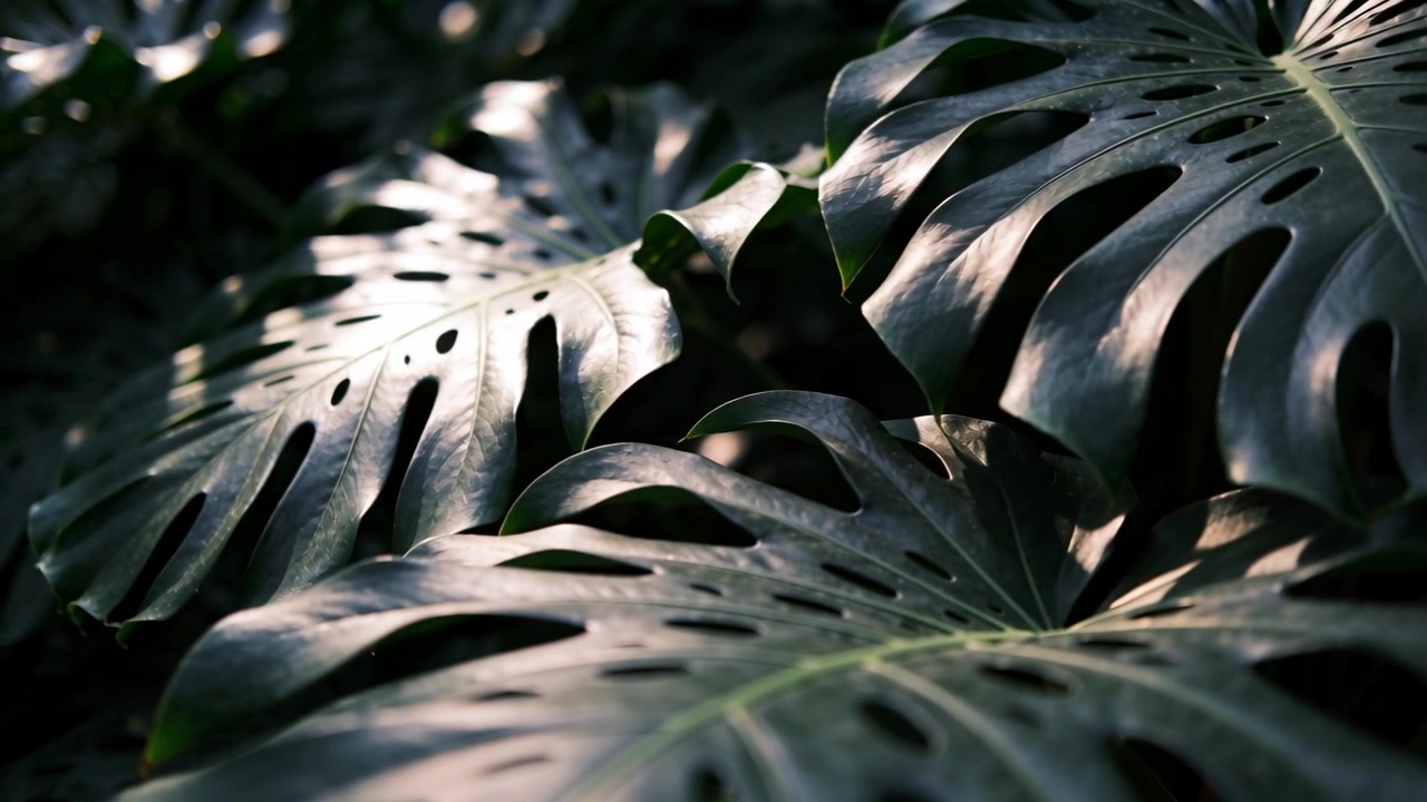 Shifting dappled sunlight revealing glossy Monstera leaves in greenhouse, highlighting petiole stub