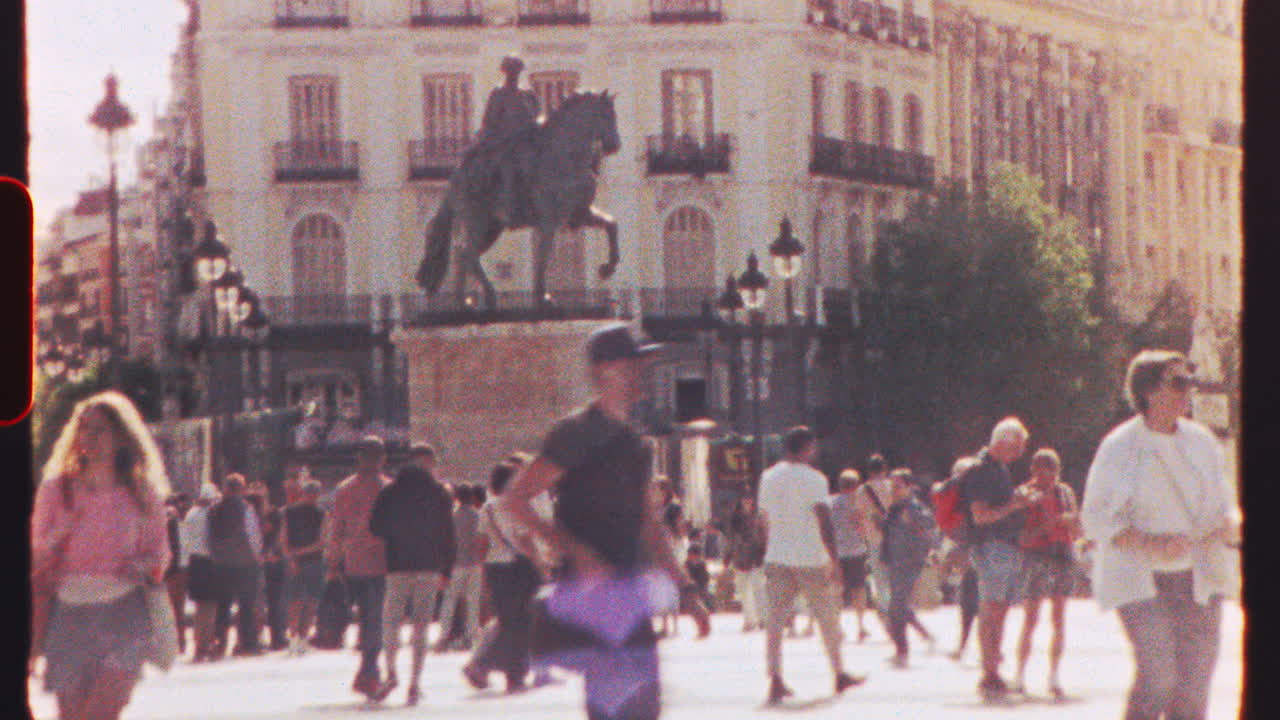 MADRID, SPAIN - JULY 21, 2025: Timelapse - crowds of tourists walking in Puerta del Sol, a famous public square in Madrid, Spain, with the statue of Charles III of Spain visible in the background