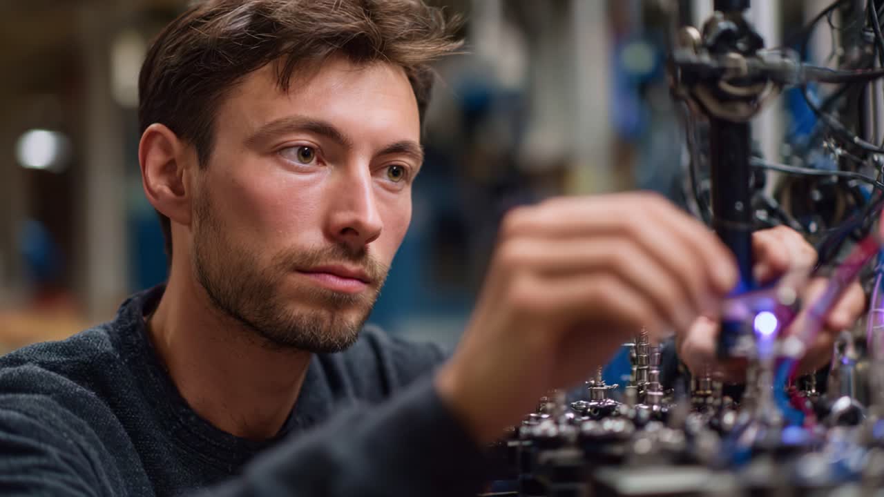 Gefocuste technicus die zorgvuldig complexe machineonderdelen assembleert met precisiegereedschap in een werkplaatsomgeving, waarbij technische vaardigheden en expertise worden benadrukt