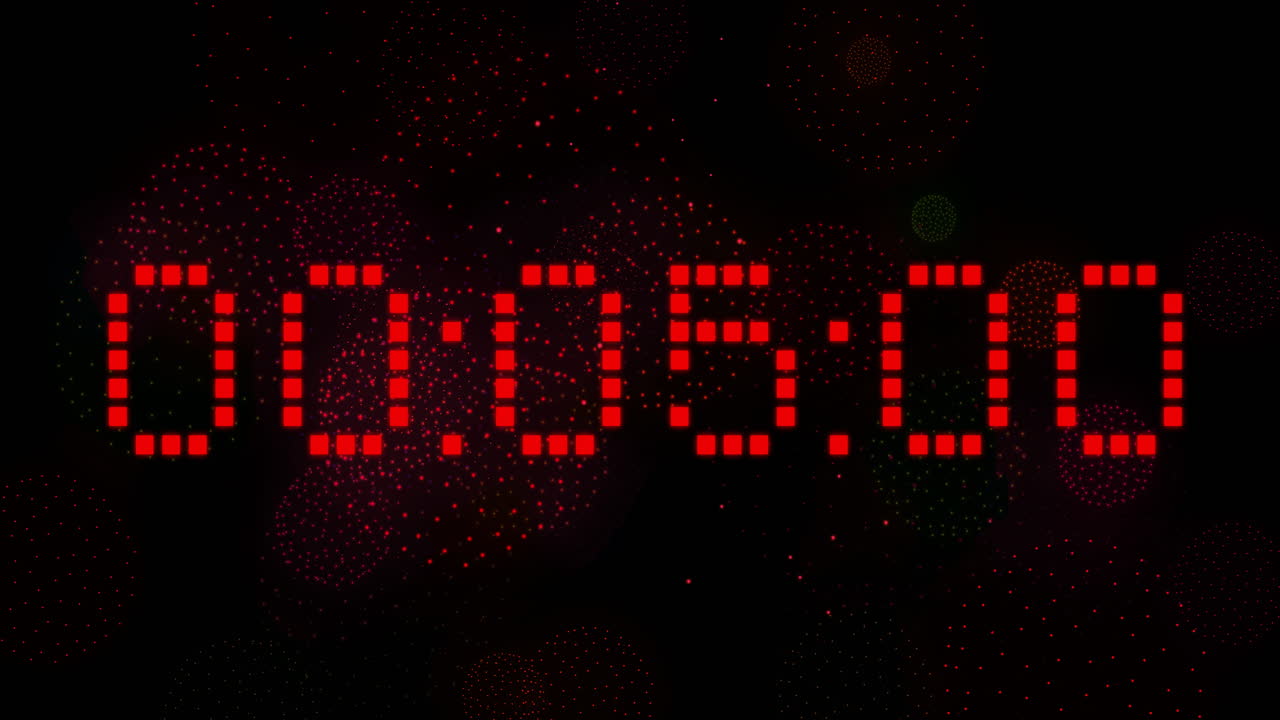 Animation of digital clock counting down to midnight with fireworks on black background