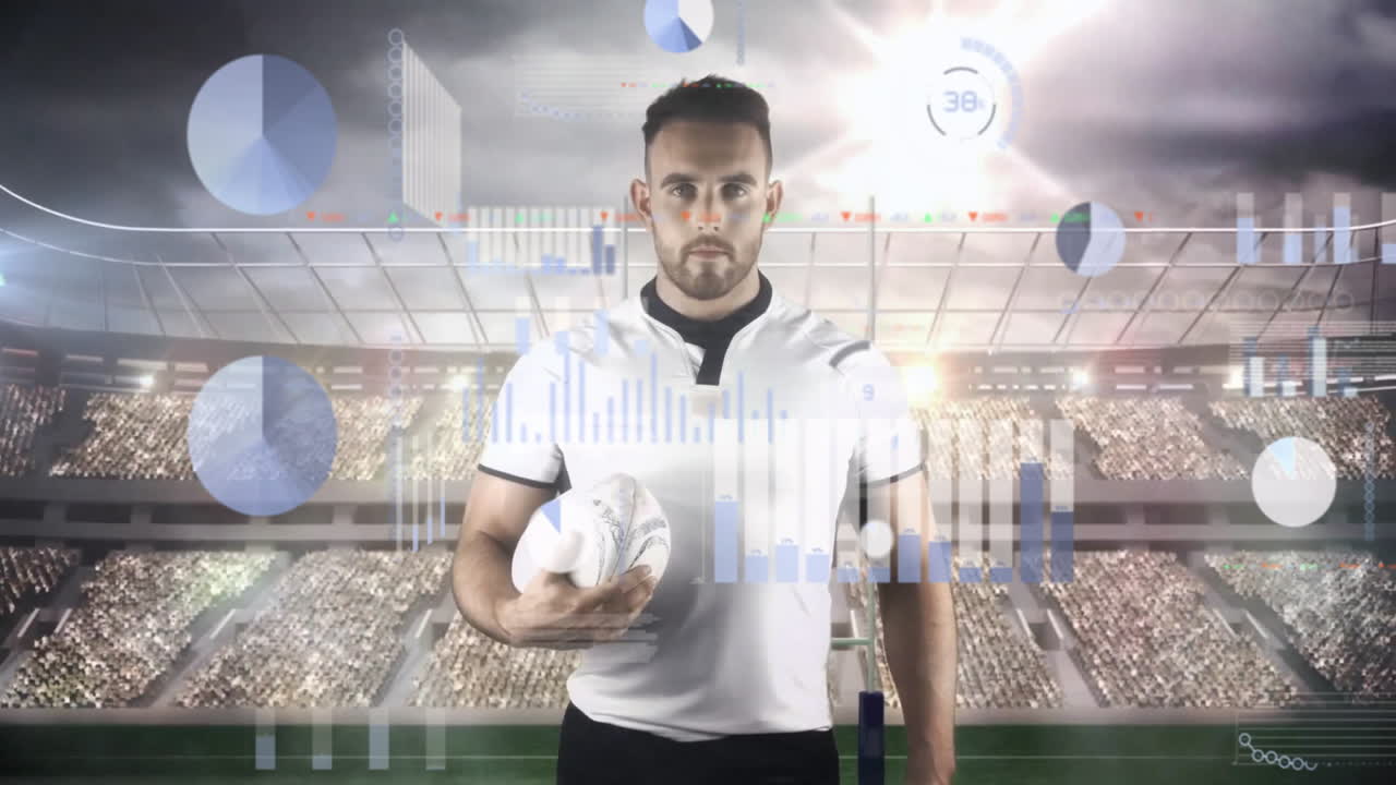 Rugby player holding ball with data processing animation over stadium background