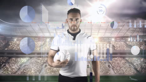 rugby player holding ball with data processing animation over stadium background