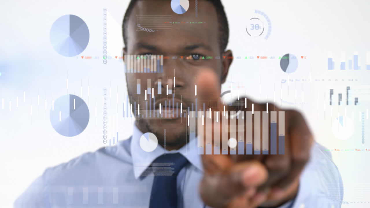 Animation of financial data processing over african american businessman pointing finger