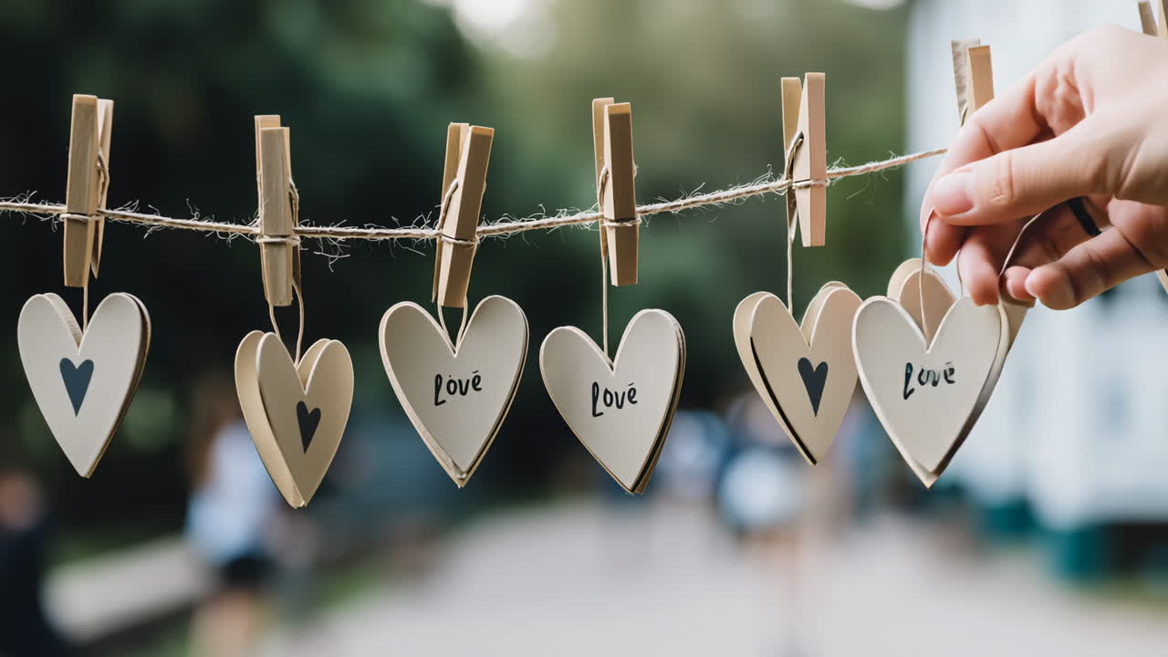 Hand holding heart decorations on a line. A hand places a heart-shaped decoration on a string lined with other hearts, creating a festive display of love