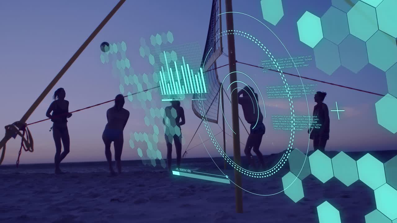 해변에서 배구 경기를 하는 백인 여성들에 대한 스 ⁇  스캐닝과 데이터 처리 애니메이션