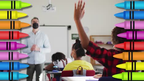 animation of crayons over male teacher and school children in face masks in classroom