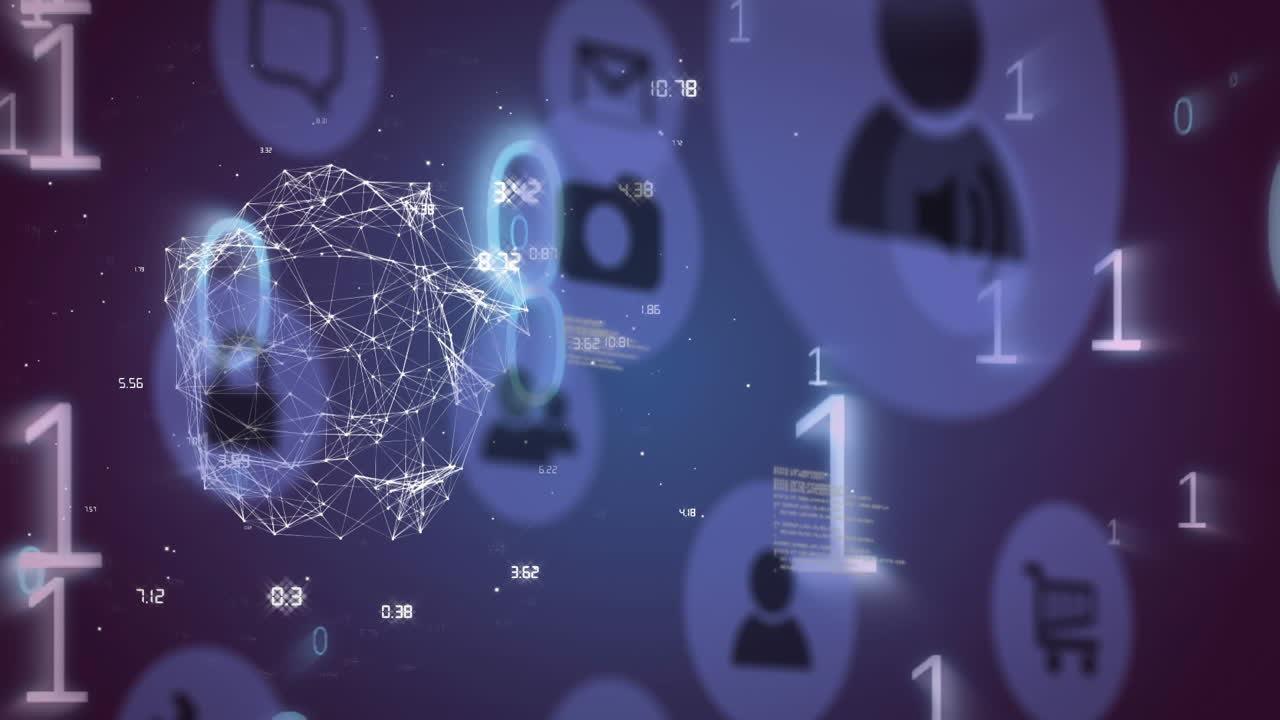animación de la red de conexiones con iconos en línea y procesamiento de datos de codificación binaria