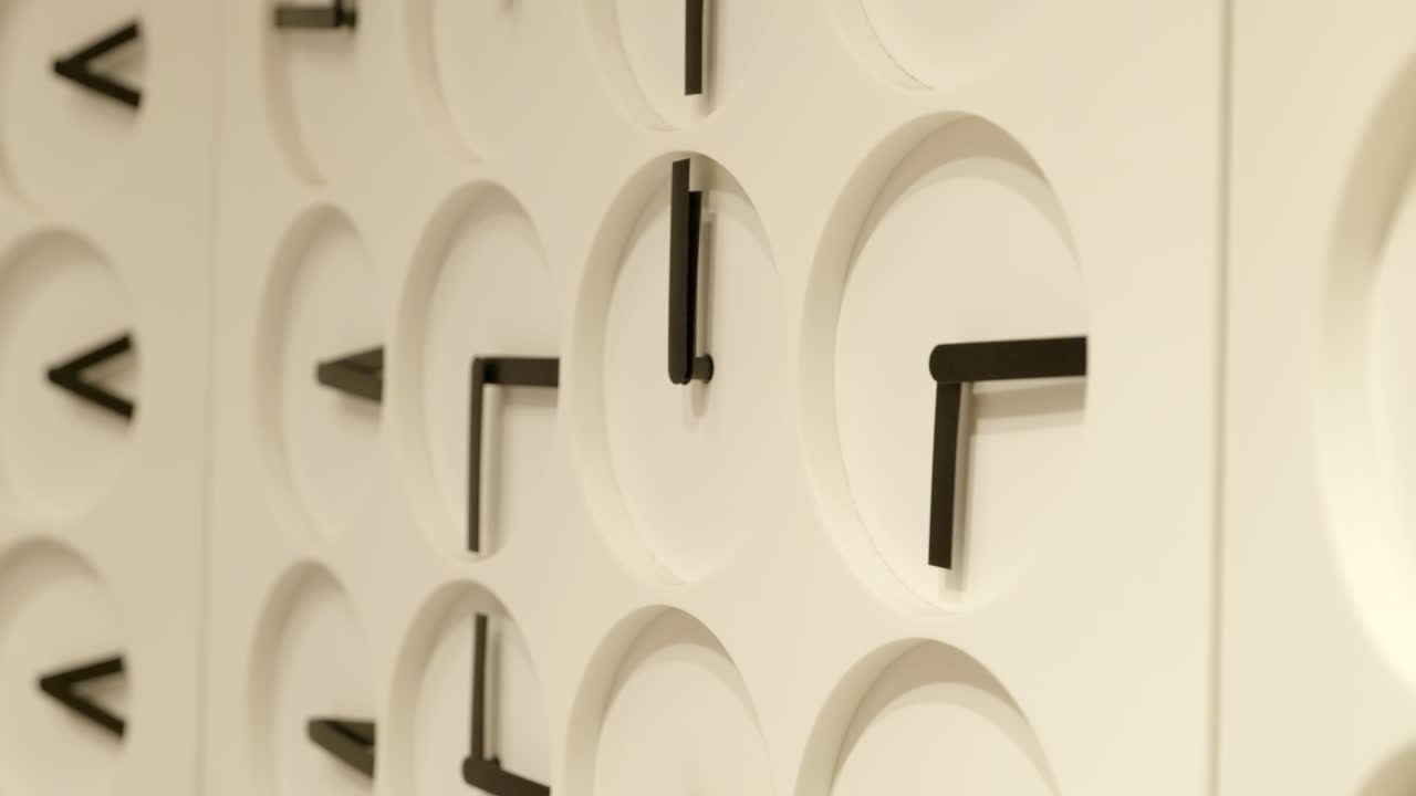 múltiples relojes que giran las manos creando un patrón geométrico suspendido en la pared de una joyería de lujo