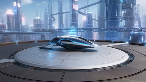 futuristic hover vehicle in a sci-fi cityscape