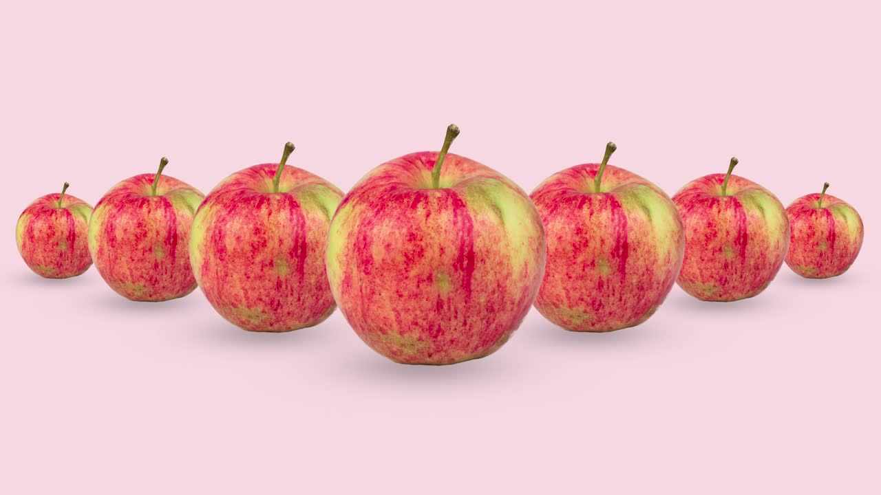 핑크색 또는 파스텔색 배경에 7개의 은 은 사과를 애니메이션으로 표현하고, 현실적인 3d 음식과 함께 원활한 루핑 패턴, 과일과 함께 미니멀 모션 디자인 아트.