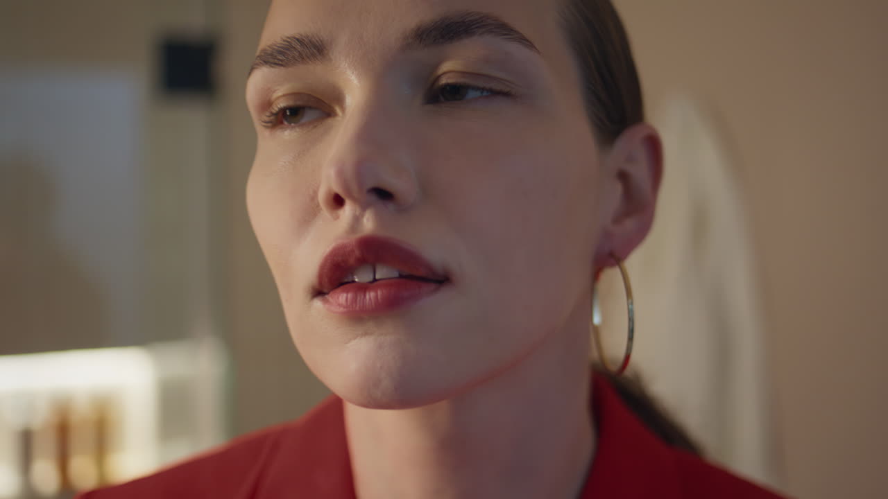 Closeup woman put earring in soft light indoors. Stylish lady getting ready