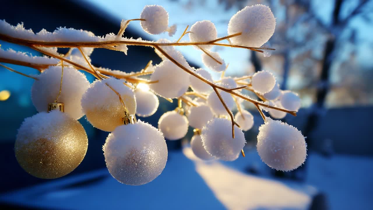 A Beautiful Winter Wonderland: Frosted Branches Adorned with Glimmering Ornaments Create a Stunning Visual in the Heart of Winter, Highlighting the Magic and Tranquility of the Season