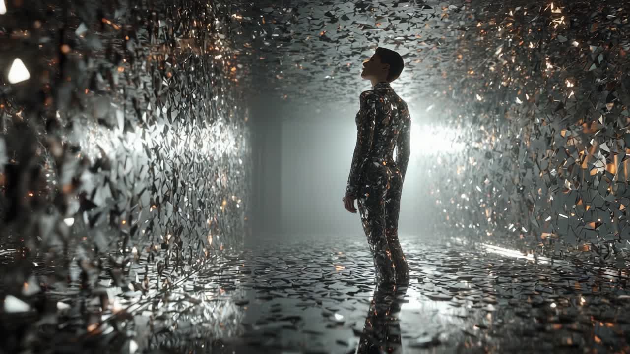 Futuristic Silver Tunnel with Woman