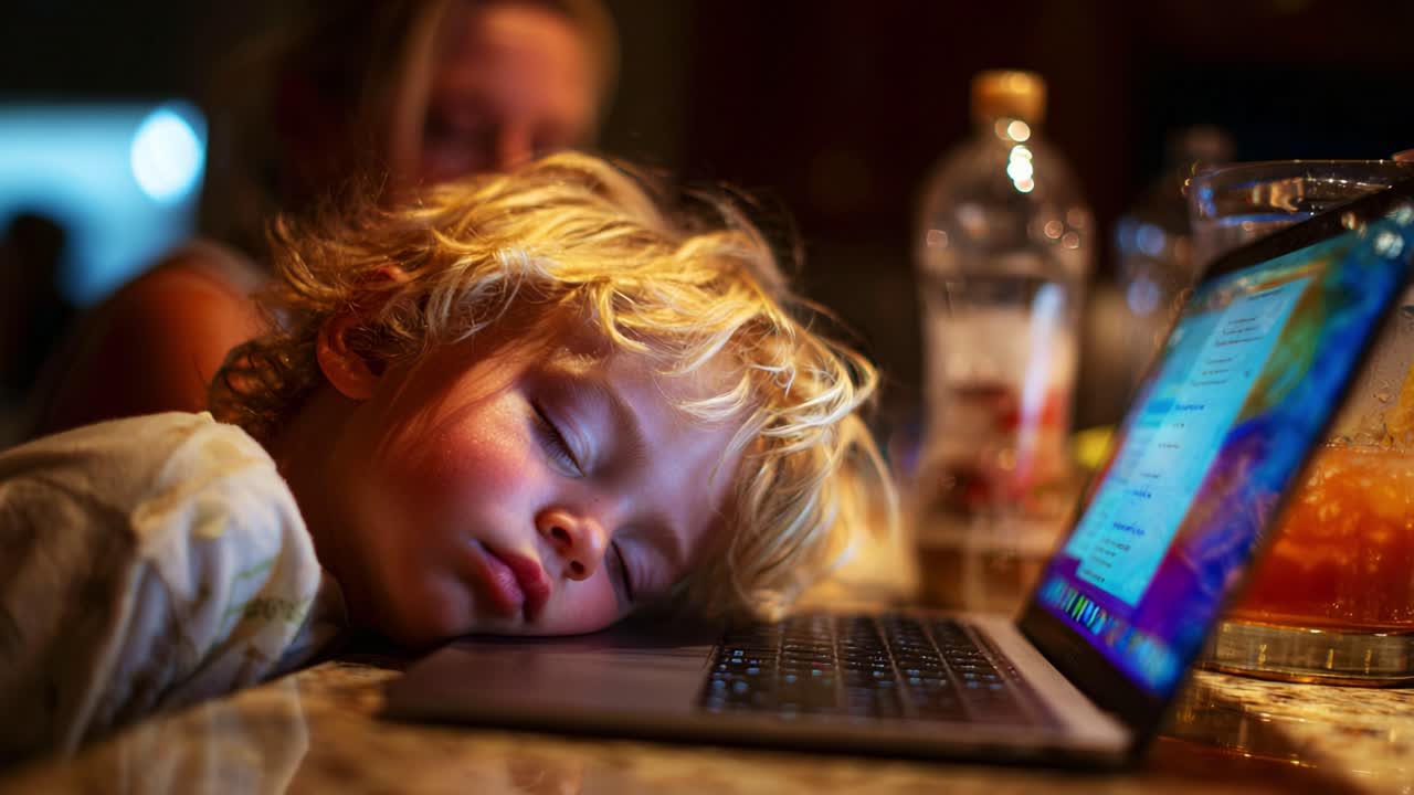 A Tired Child's Nap: The Innocent Slumber of a Young One Resting on a Laptop Amidst an Evening Gathering, Capturing the Essence of Childhood and Fatigue in a Cozy Setting