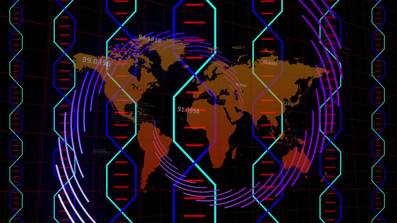 Animation of abstract shapes and light trails spinning over world map against black background