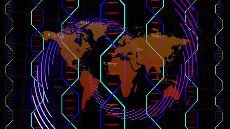Animation of abstract shapes and light trails spinning over world map against black background