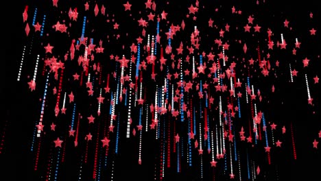 Animation-of-multiple-red-stars-of-American-flag-with-blue-and-red-light-trails-moving-on-black-back