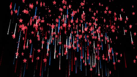 Animation of multiple red stars of American flag with blue and red light trails moving on black back