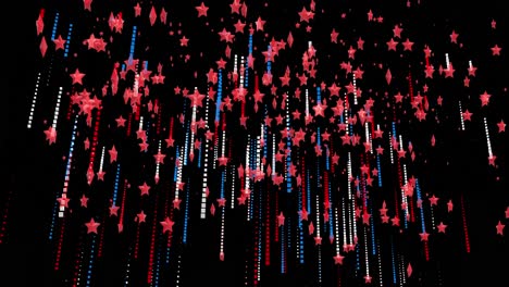 animation of multiple red stars of american flag with blue and red light trails moving on black back