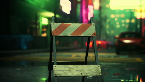 a road closed barrier in a city at night