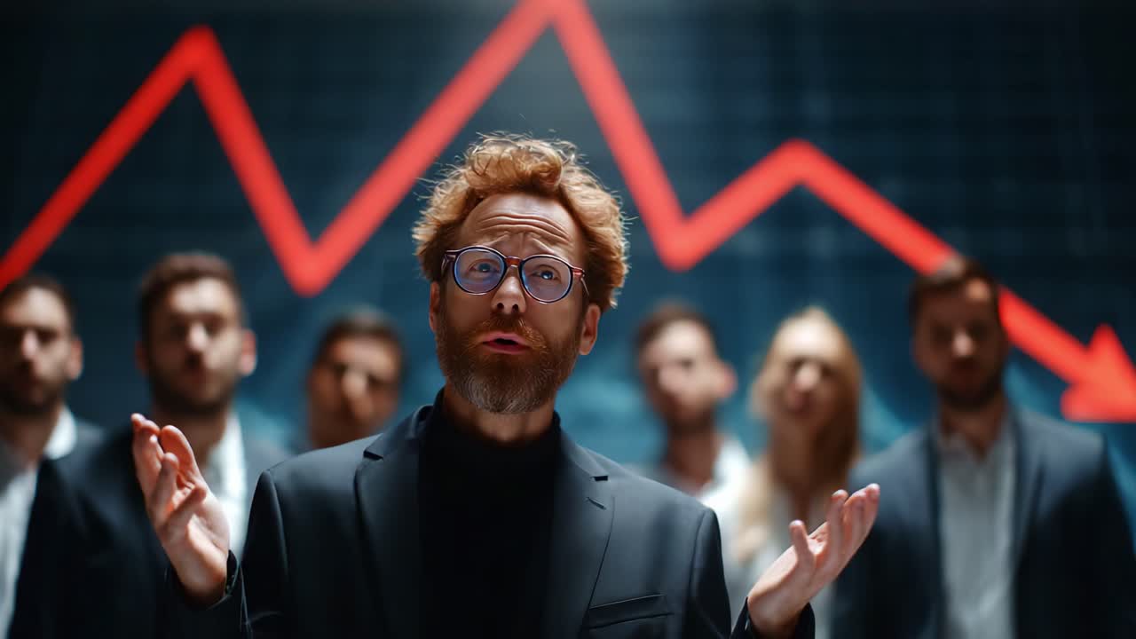 A Dramatic Presentation on Economic Downturns: An Expert Addresses a Concerned Audience as a Downward Trend Graphically Illustrates Financial Challenges Ahead