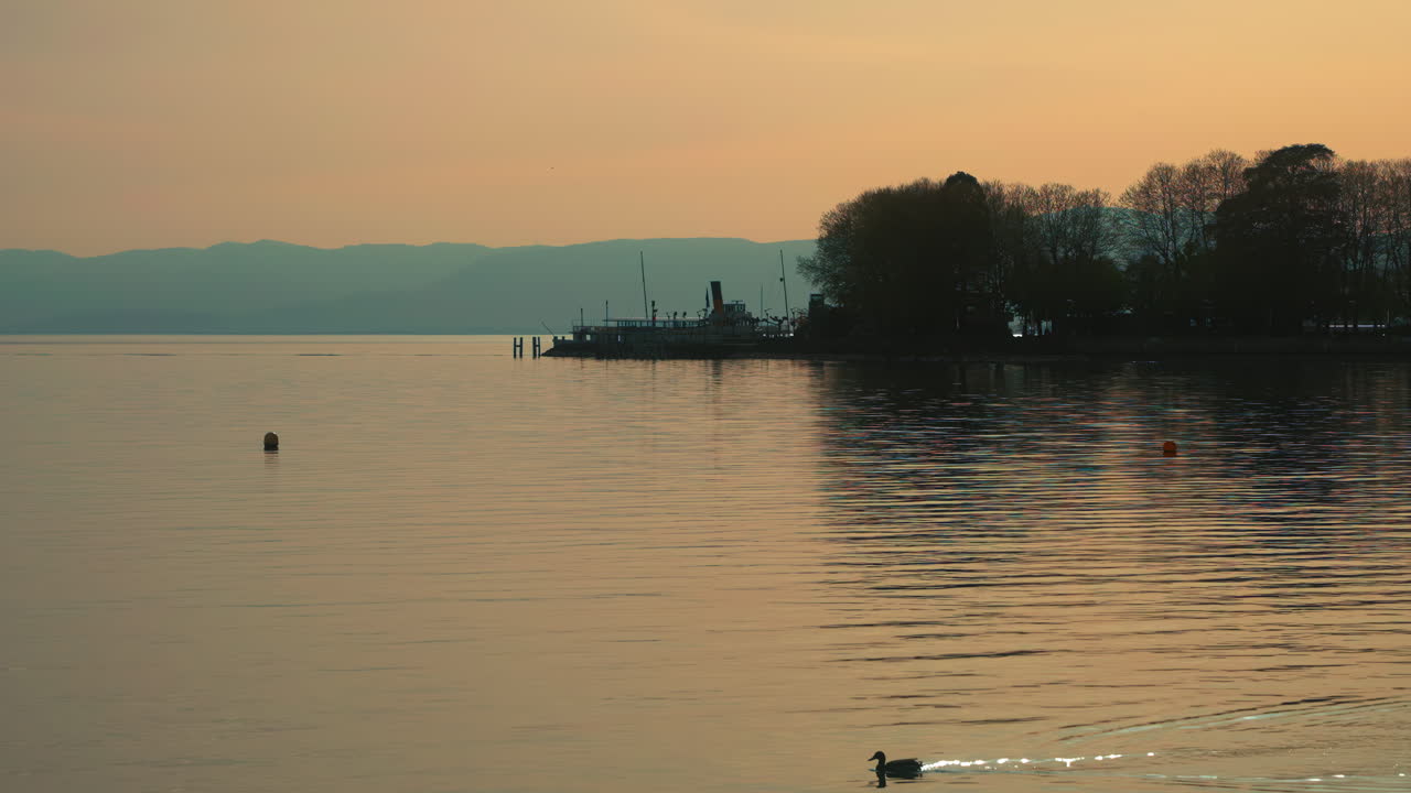 프랑스에서 스위스 로잔으로 가는 제네바 호수 항구에 정박하는 페리